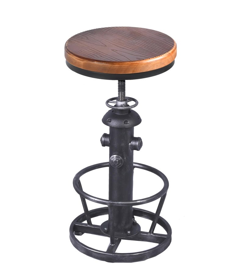 Topower Antique Industrial Round Bottom Adjustable Height Cafe Coffee Retro Vintage Stylish Water Pipe Design Pub Kitchen Bar Stool (Silver, Wooden Top) - Image 1